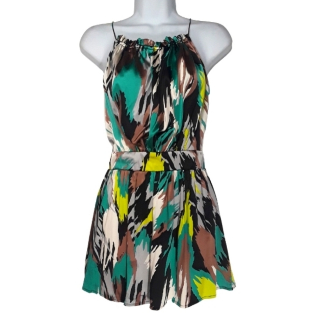 T-BAGS Los Angeles Silk Green Teal Colorful Print Sleeveless Mini Dress XSmall